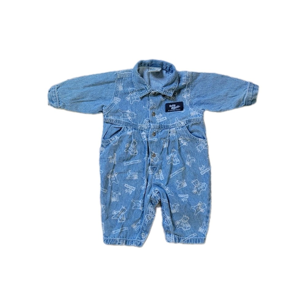 RARE VTG BABY B'GOSH "LITTLE BUILDER" DENIM JUMPSUIT WITH BACK GRAPHIC Sz 3-6 M